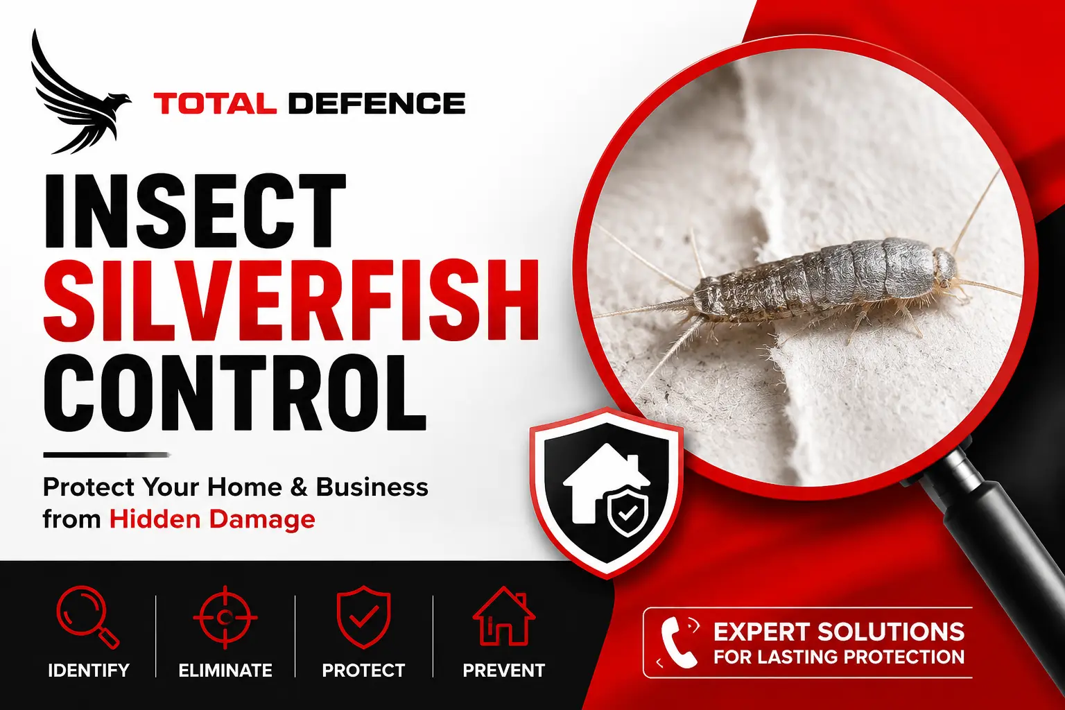 Professional insect silverfish control service in UAE featuring Total Defence pest control branding, silverfish insect close-up, and home protection solutions for preventing property damage.