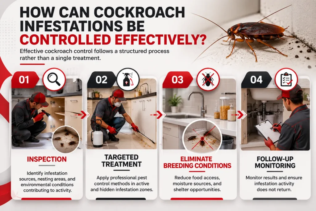 Effective cockroach control in Dubai and Sharjah including inspection, treatment, prevention, and monitoring