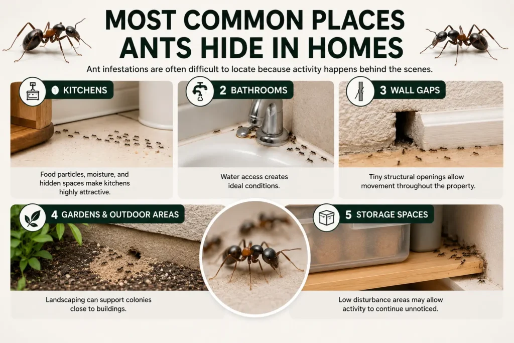 Most common places ants hide in homes including kitchens, bathrooms, wall gaps, gardens, and storage spaces