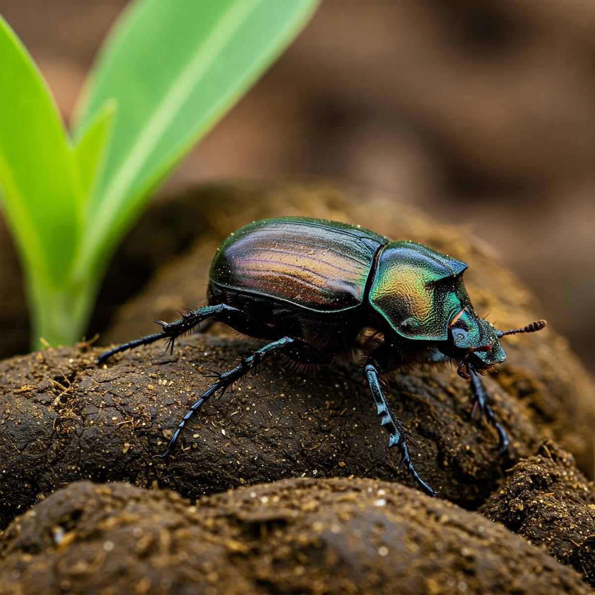 Close-up of a beetle showing its hard shell, antennae, and six legs