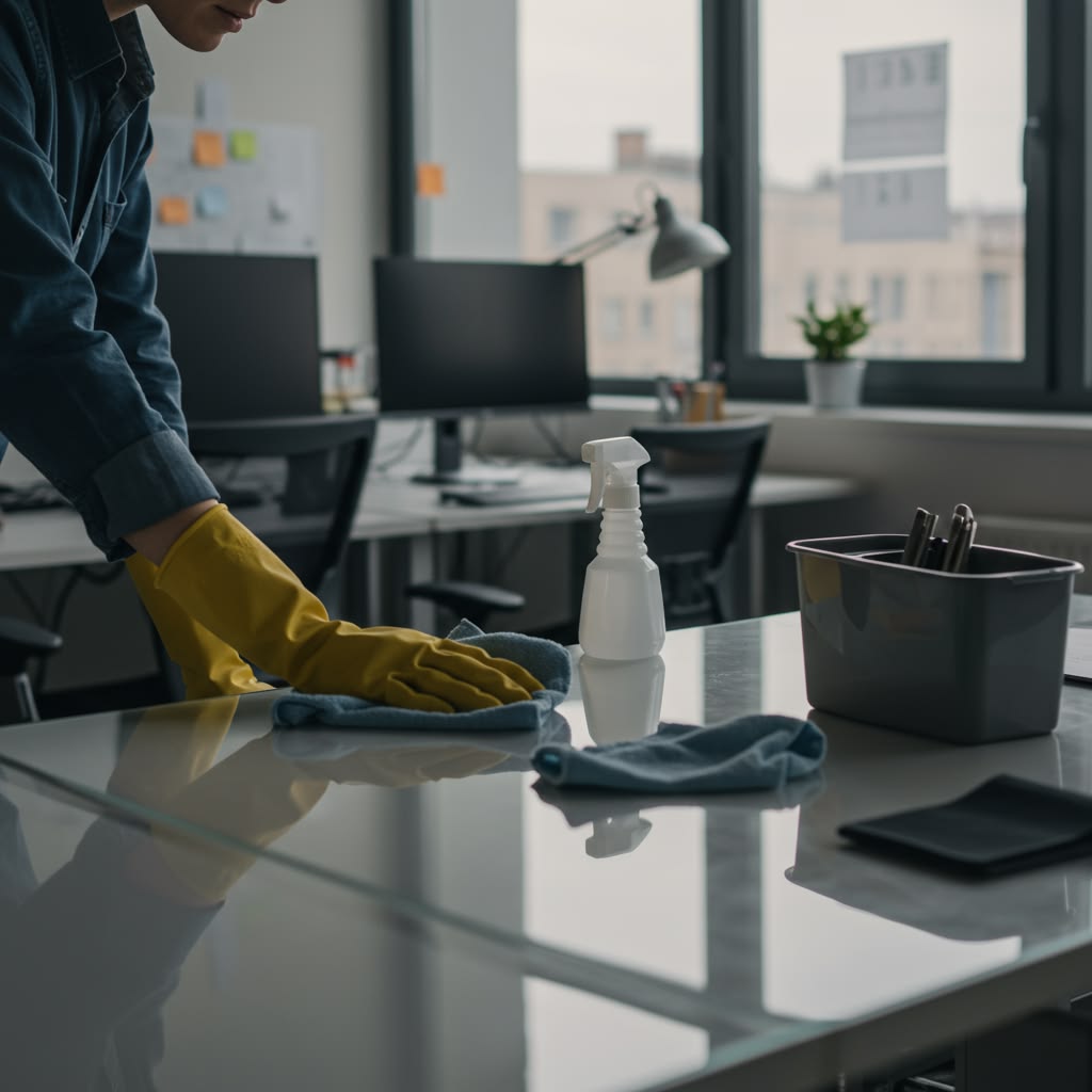 Office cleaning service in Dubai by Total Defence showing professional desk sanitization
