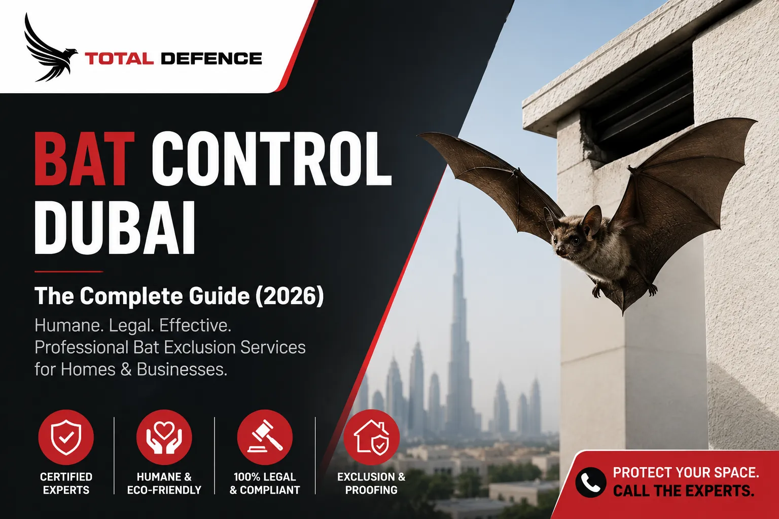 Bat control Dubai featured image by Total Defence showing professional bat exclusion and pest control services in Dubai UAE