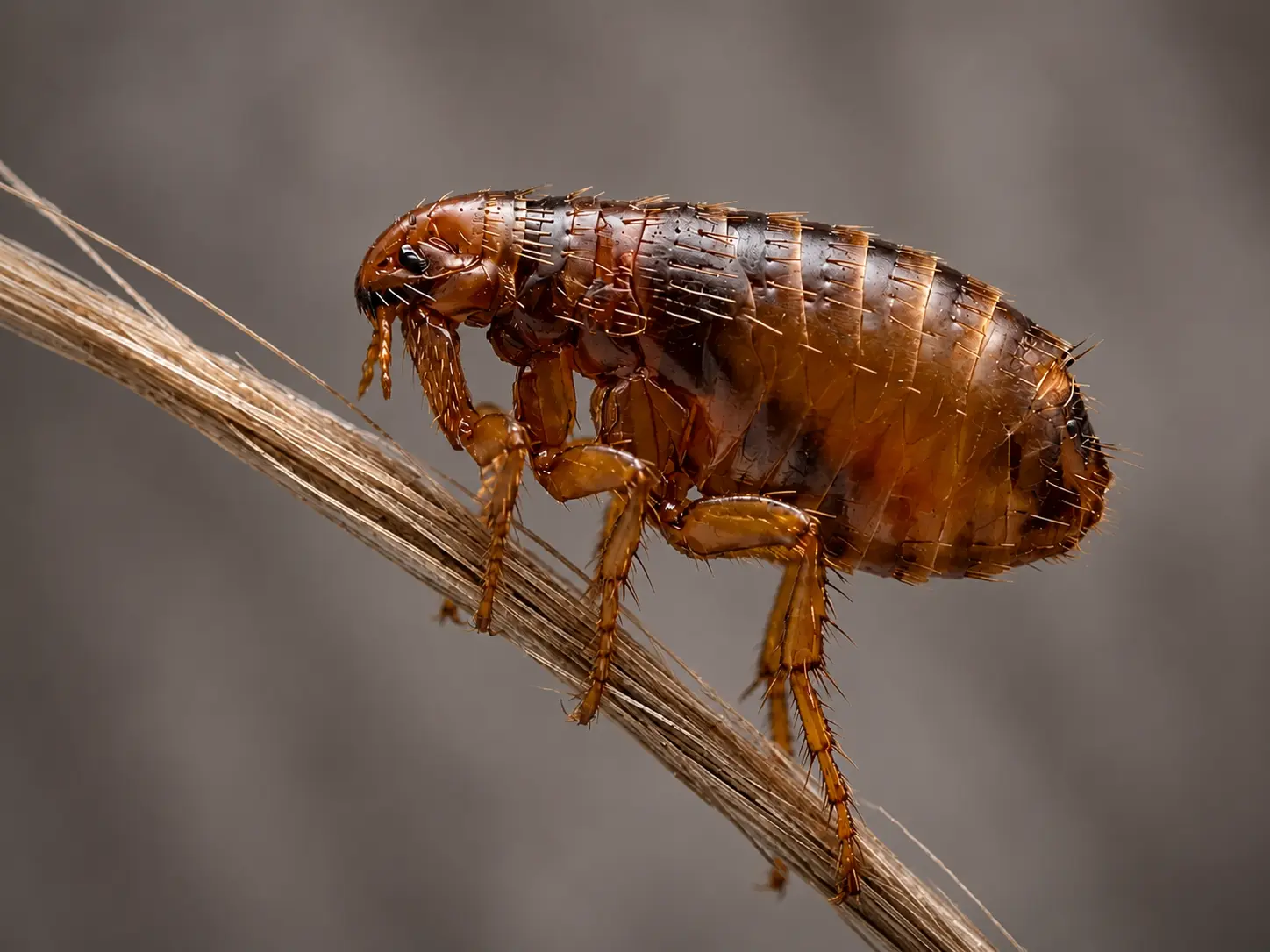 Close-up of a flea showing its segmented body and powerful jumping legs