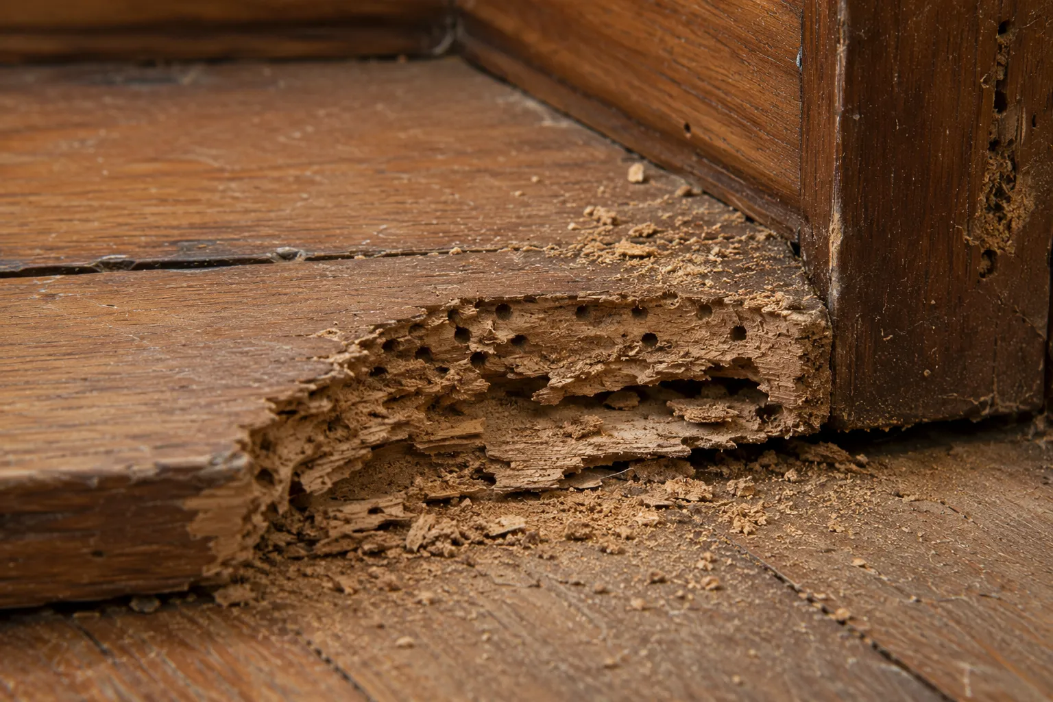 Crumbling, weakened floorboard corner damaged by wood borer activity