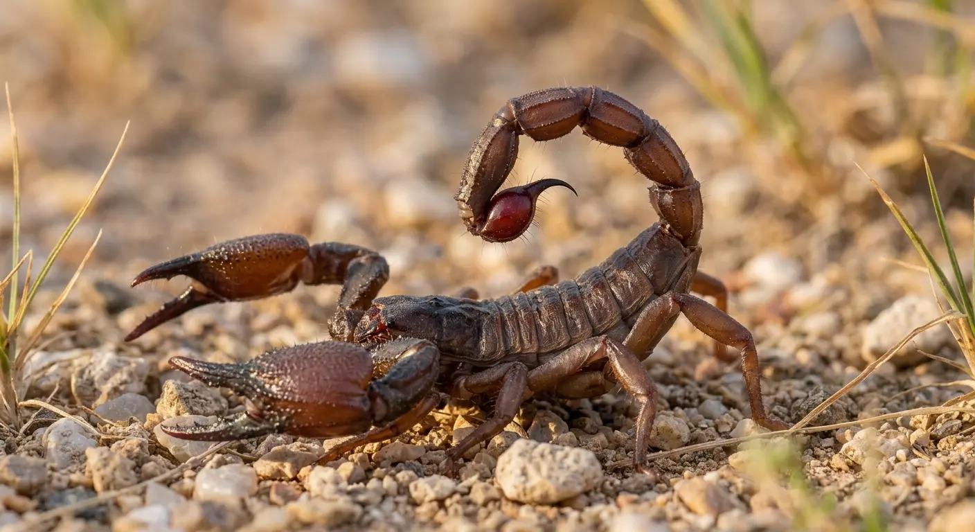 Detailed close-up of a desert scorpion in defensive pose, showing pincers and curved stinger tail