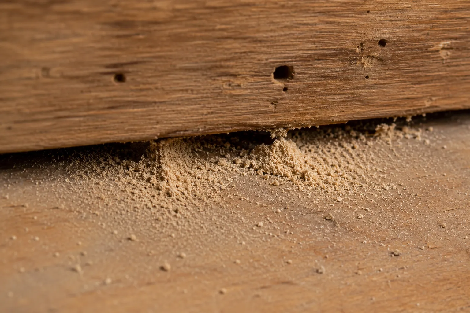 Fine powdery frass beneath a wooden surface, a key sign of active wood borer infestation