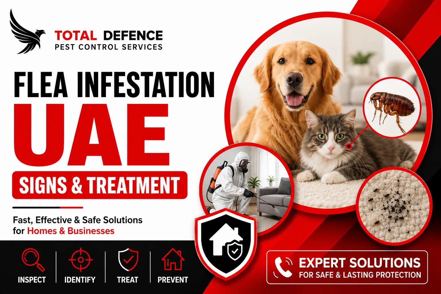 Flea infestation in UAE with dog, cat, flea close-up, and professional flea treatment service by Total Defence.