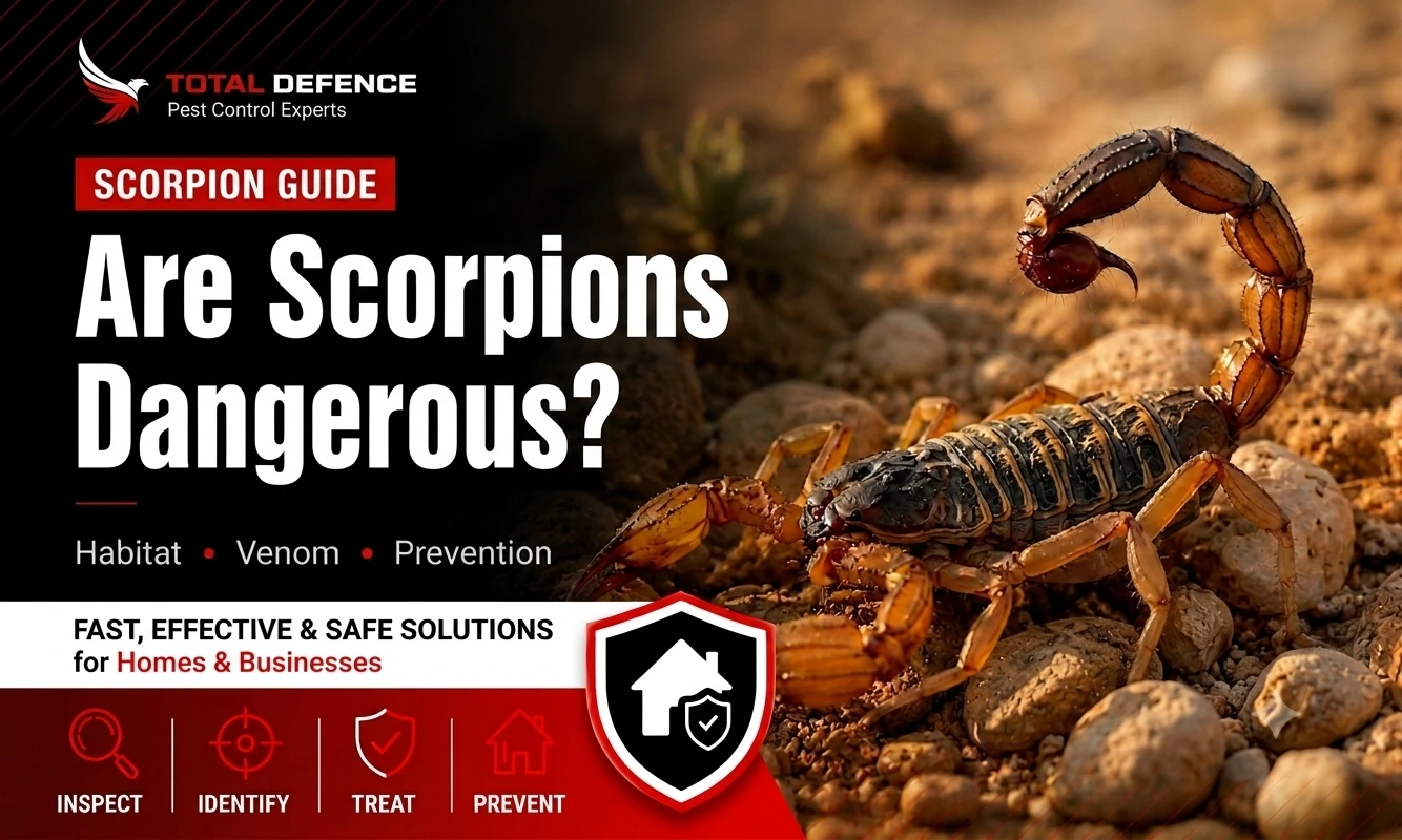 nfographic guide titled 'Are Scorpions Dangerous?' featuring a detailed close-up of a scorpion on rocky ground, complete with Total Defence Pest Control branding and home safety solutions.