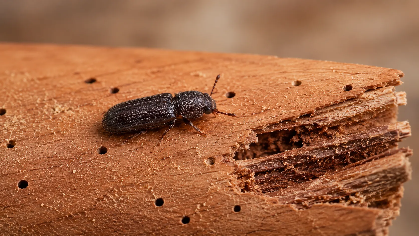 Powderpost beetle, a wood borer that targets hardwoods like mahogany and oak