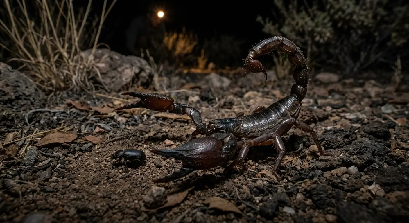 Scorpion hunting at night with pincers raised in ambush predator stance