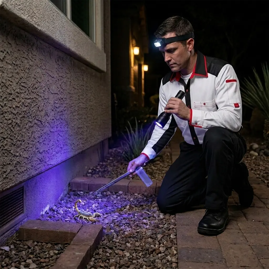 Total Defence pest control technician in uniform using a UV flashlight to inspect property for scorpions at night