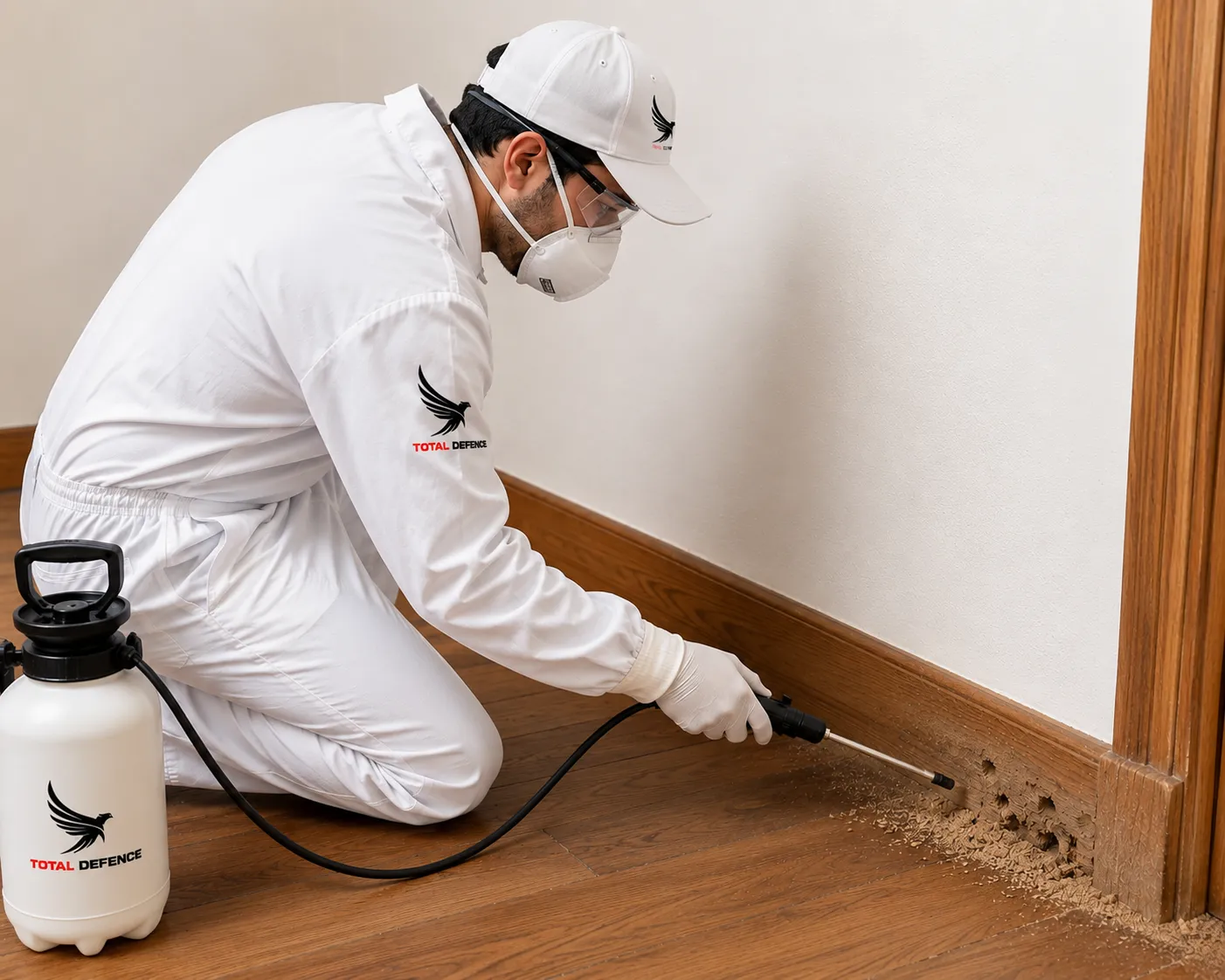 Total Defence pest control technician applying wood borer treatment to timber flooring