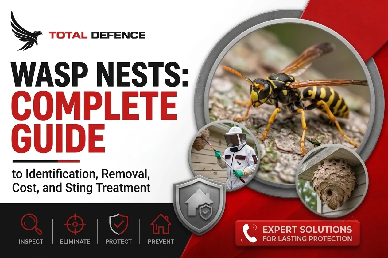 Promotional banner for Total Defence's "Wasp Nests: Complete Guide" featuring photos of a wasp, a technician, and a nest