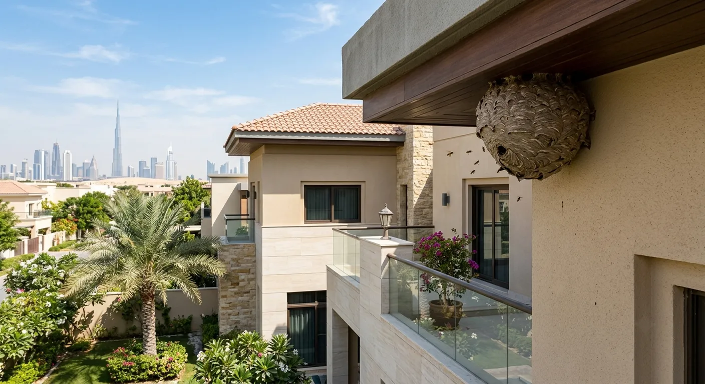 Wasp nest on a Dubai villa eave — Total Defence pest control