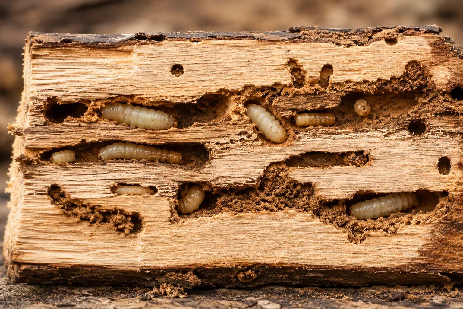 Wood borer larvae and tunnel galleries exposed inside a cut section of timber
