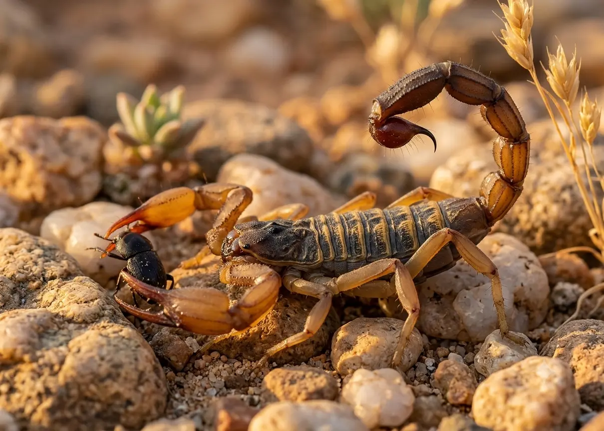 Brown scorpion catching a beetle on rocky desert terrain