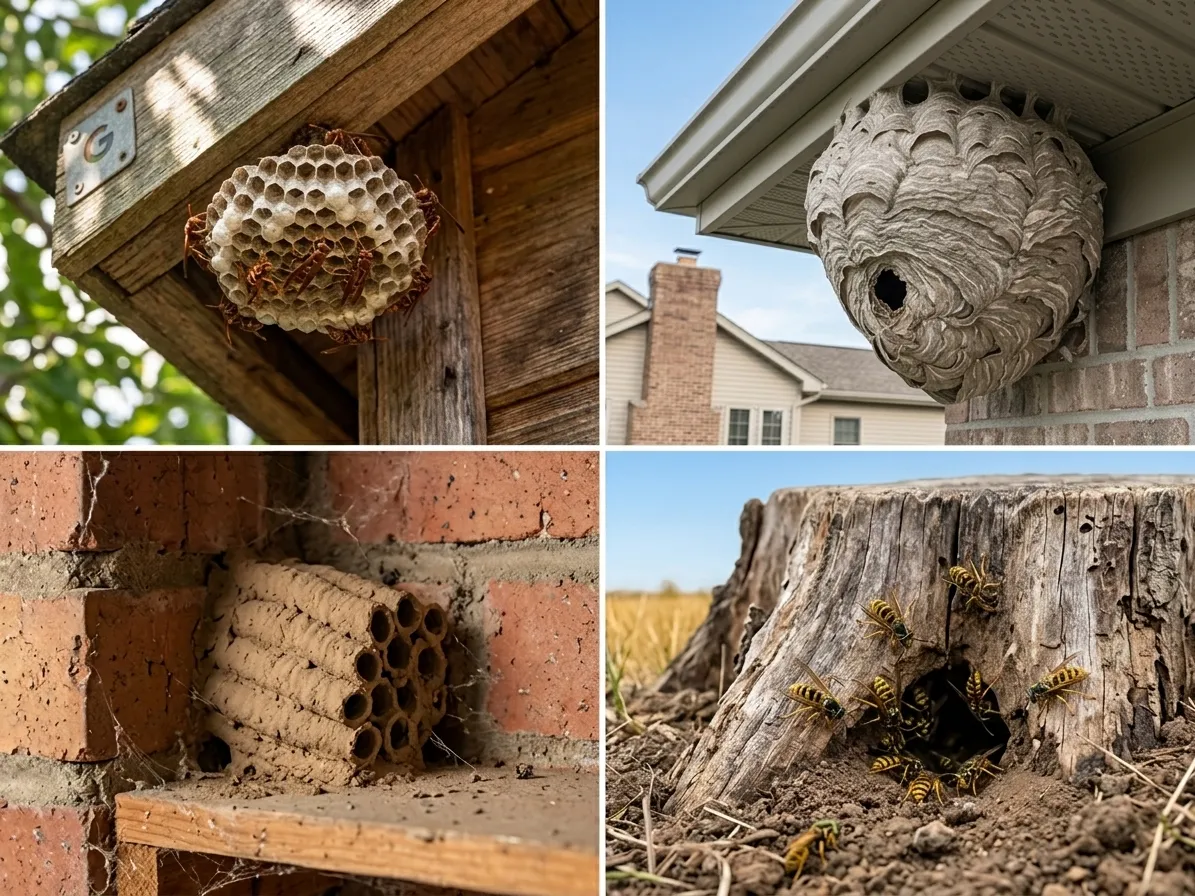 Annotated villa diagram marking common wasp nest spots