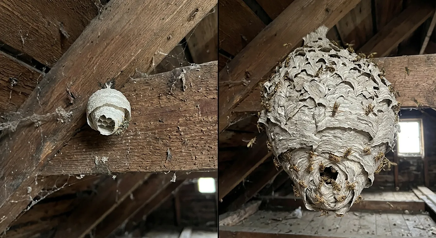 Small early-stage wasp nest vs. mature established nest comparison — Total Defence Dubai