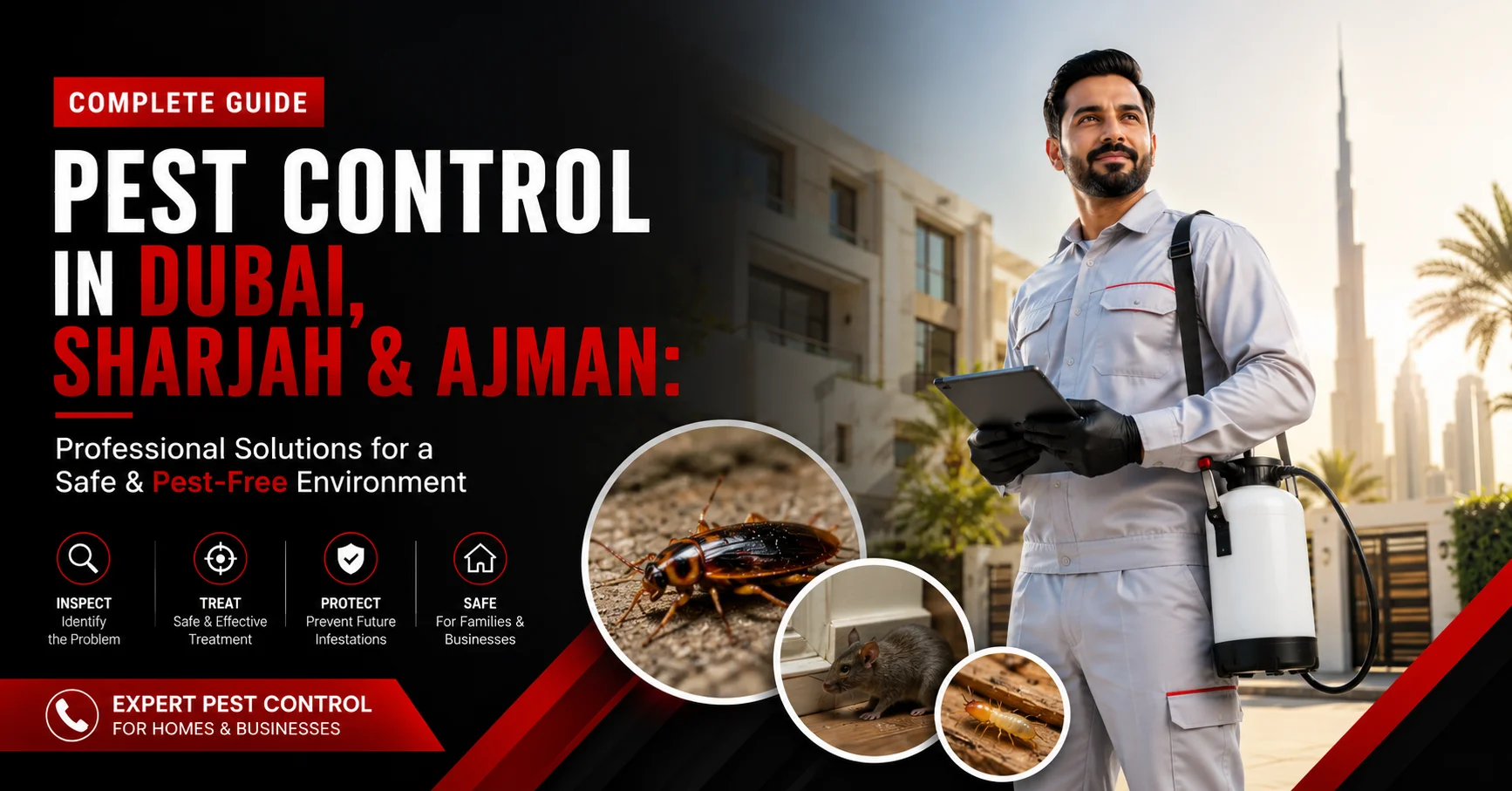 Professional pest control technician in Dubai wearing a white uniform and holding a sprayer and tablet, with cockroach, mouse, and termite images.