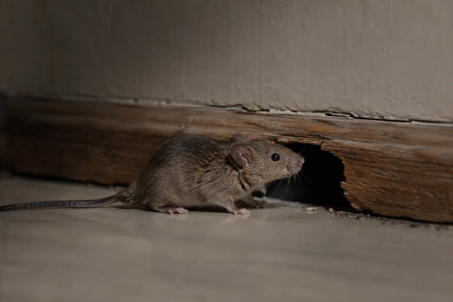 Mouse near wall gap or skirting board pest inspection