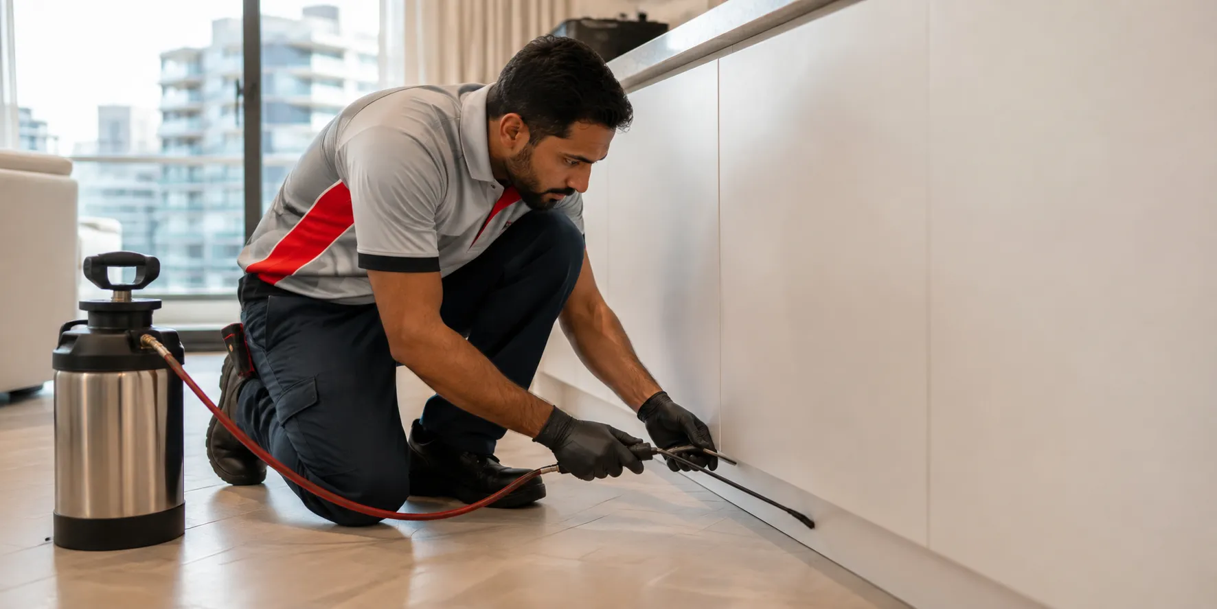 Professional pest control technician applying targeted treatment in Dubai